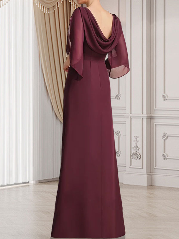 Vestido de gasa para madre de la novia con corte tubo/columna, escote redondo y largo hasta el suelo, con cuentas plisadas
