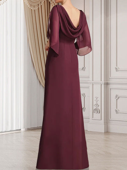 Etui-Linie/Säule U-Ausschnitt Bodenlang Chiffon Kleid für die Brautmutter mit Plissee Perlenbesatz