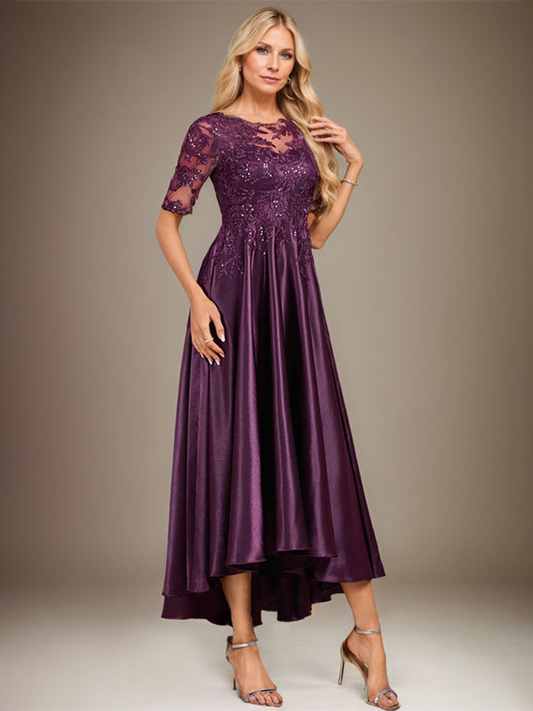 Vestido de madre de la novia de encaje satinado elástico asimétrico con ilusión de escote redondo y lentejuelas