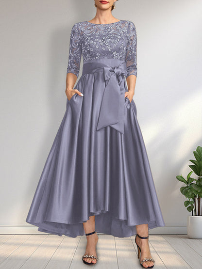 A-line Scoop Illusion Asymmetrical Satin Lace Mother of the Bride Dress With Bow