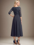 Vestido de gasa con encaje y lentejuelas para madre de la novia, corte A, escote redondo y largo hasta la rodilla