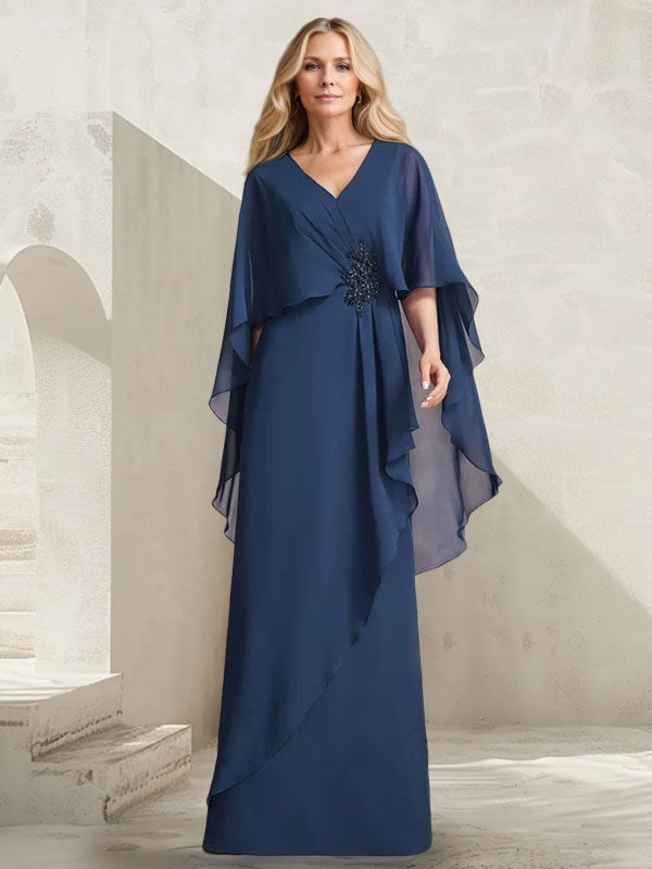 Vestido de gasa para madre de la novia con escote en V, corte A y largo hasta el suelo, con volantes en cascada y cuentas