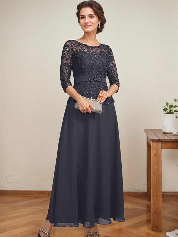 Vestido de gasa con encaje y escote en A, ilusión, largo hasta los tobillos, para madre de la novia con cuentas de diamantes de imitación