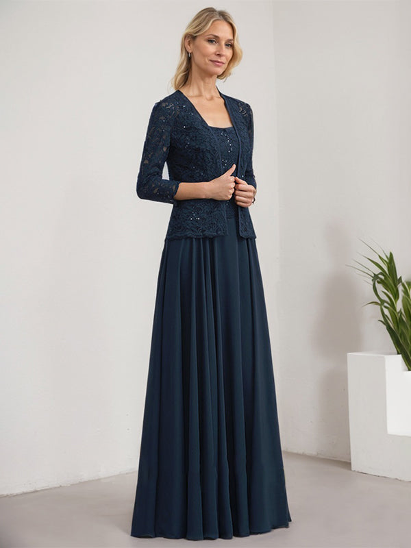 Vestido de madre de la novia de gasa con encaje, corte A, largo hasta el suelo, cuadrado y lentejuelas