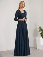 Vestido de madre de la novia de gasa con encaje, corte A, largo hasta el suelo, cuadrado y lentejuelas