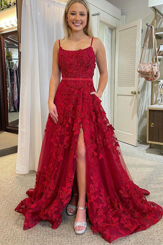 Shana | Preciosos vestidos de fiesta de encaje rojo con escote redondo y cuentas