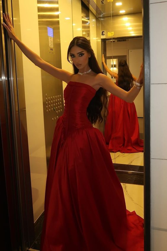 Hermoso vestido de noche rojo sin tirantes con abertura para fiesta, vestido formal de satén de corte A, vestido de graduación Y8170