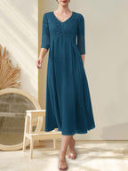 A-Linie V-Ausschnitt Wadenlanges Chiffon-Spitzenkleid für die Brautmutter mit Perlenbesatz