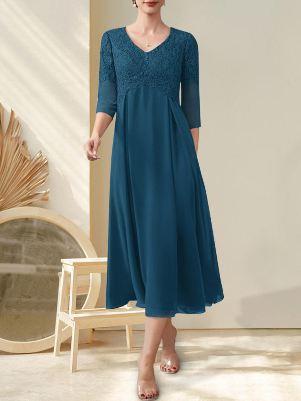 Vestido de gasa con encaje y escote en V, largo hasta la rodilla, para madre de la novia con cuentas