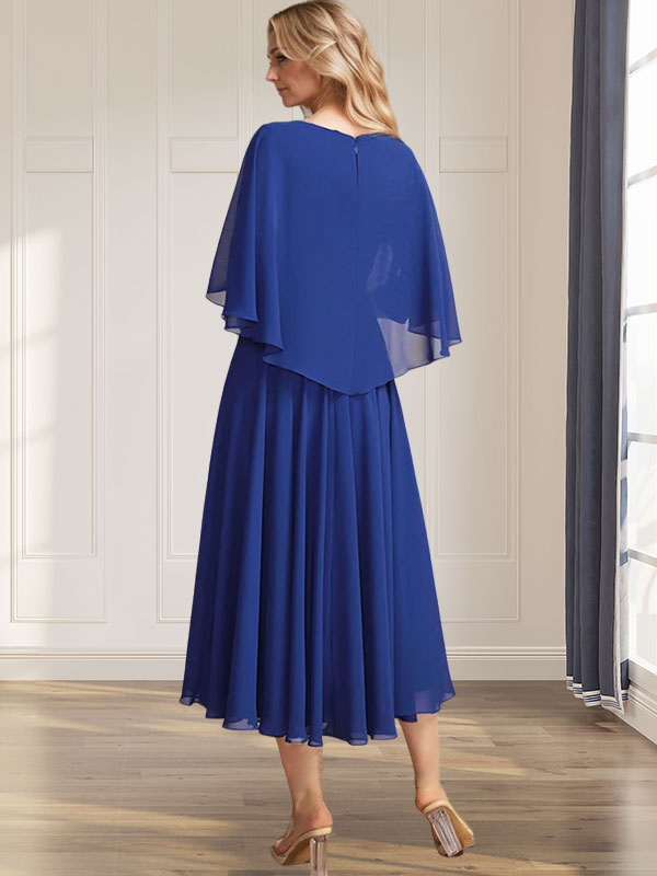 A-Linie V-Ausschnitt Wadenlanges Chiffonkleid für die Brautmutter mit plissierten Paillettenapplikationen Spitzenbesatz 