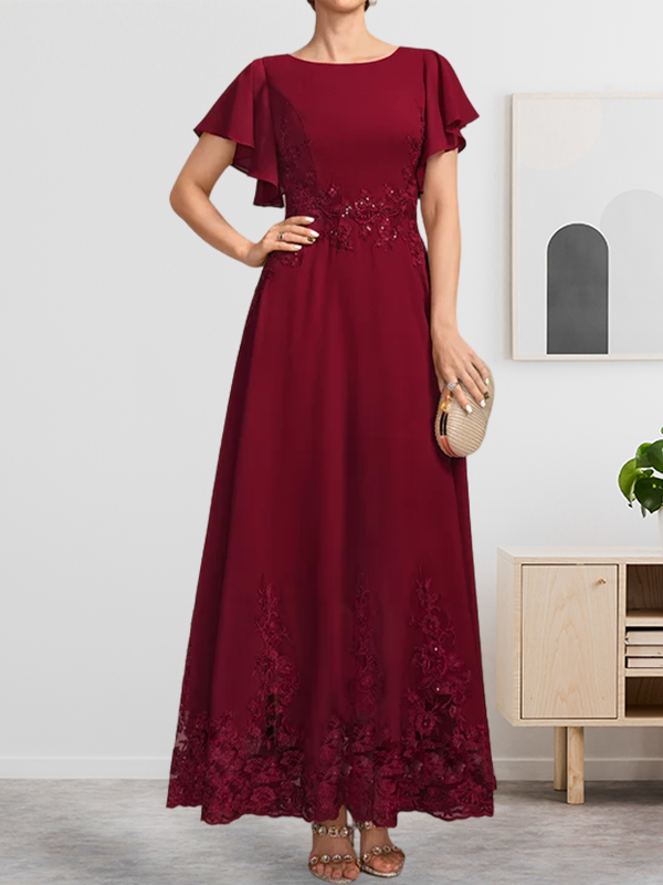 A-Linie U-Ausschnitt Knöchellang Spitzen-Chiffon-Kleid für die Brautmutter mit Pailletten