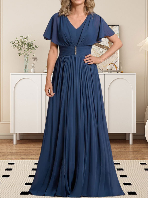 Vestido de gasa para madre de la novia, corte A, escote en V, largo hasta el suelo, con broche de cristal y plisado