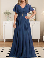 Vestido de gasa para madre de la novia, corte A, escote en V, largo hasta el suelo, con broche de cristal y plisado