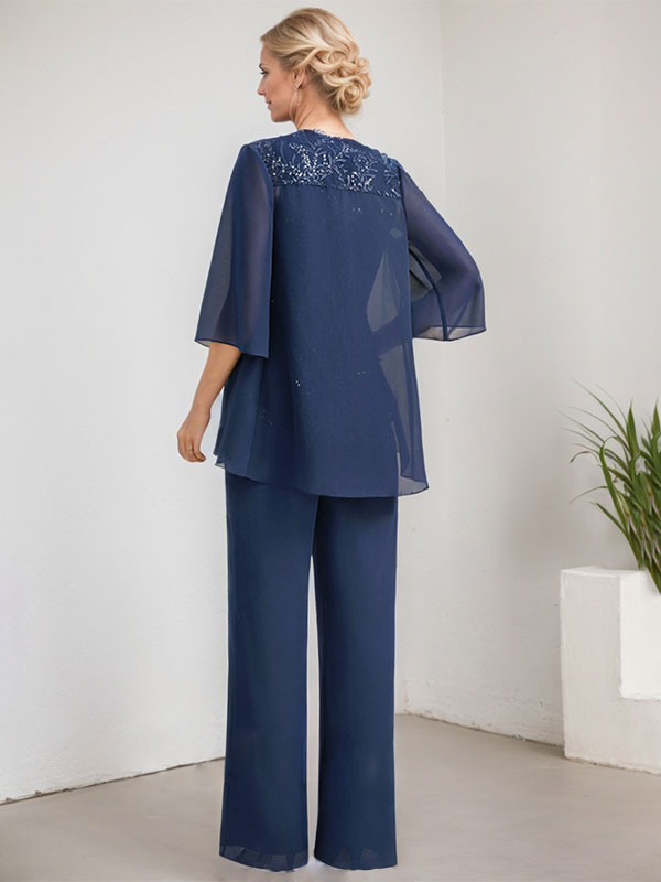 Vestido de madre de la novia de gasa con encaje, largo hasta el suelo, con lentejuelas y mono/pantalón separado