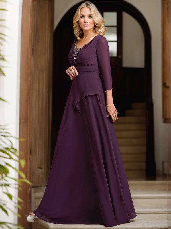 Vestido de gasa para madre de la novia con escote en V, largo hasta el suelo, con pliegues y cuentas