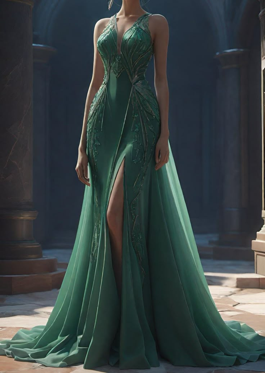Hermoso vestido de noche largo estilo sirena con apliques de gasa satinada verde Y8367