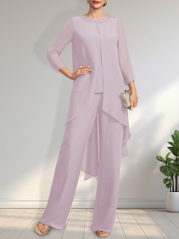 Vestido de gasa para madre de la novia con lentejuelas y abalorios, largo hasta el suelo y mono/pantalón separado