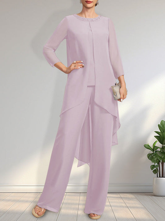 Separates Jumpsuit/Hosenanzug U-Ausschnitt Bodenlanges Chiffonkleid für die Brautmutter mit Pailletten und Perlen