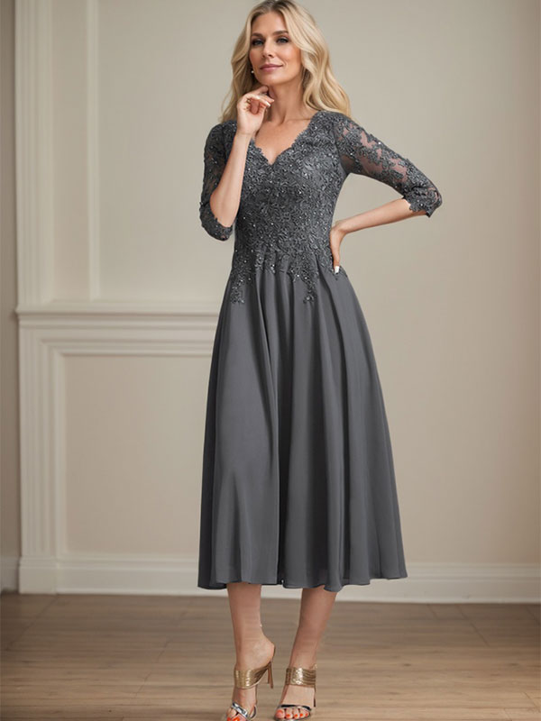A-Linie V-Ausschnitt Wadenlanges Chiffon-Spitzenkleid für die Brautmutter mit Perlen und Pailletten 
