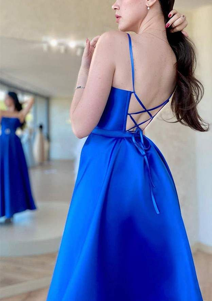 Knöchellanges Satin-Ballkleid/Abendkleid mit A-Linie, quadratischem Ausschnitt und Spaghettiträgern in der Taille Y6219