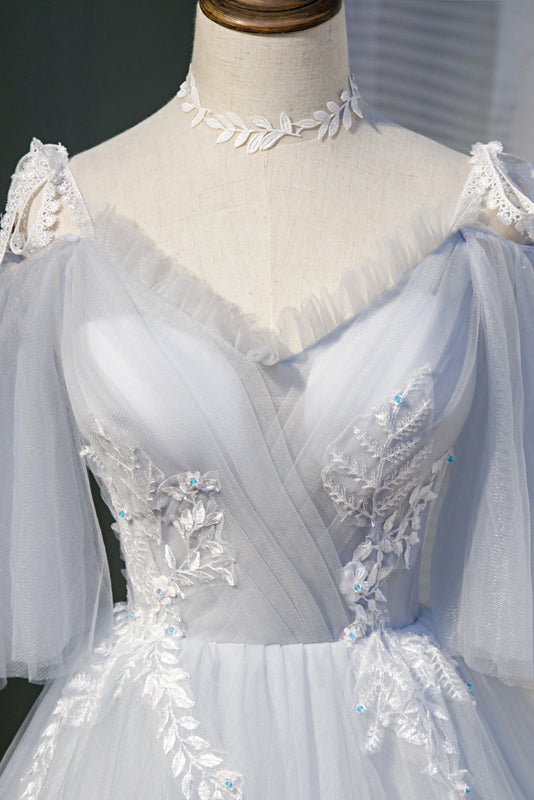 Robe de soirée princesse chic sans manches en tulle avec appliques en dentelle 