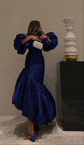 Einzigartiges blaues Abendkleid im Meerjungfrauen-Stil mit Puffärmeln und formellen Abschlussballkleidern Y7789