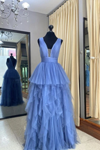 Blaues langes Ballkleid aus Tüll in A-Linie Y5340