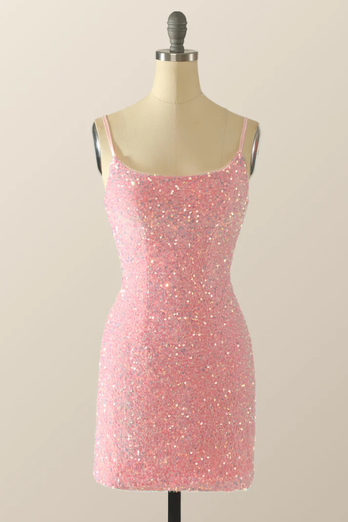 Vestido de fiesta rosa con lentejuelas y espalda descubierta Y2041