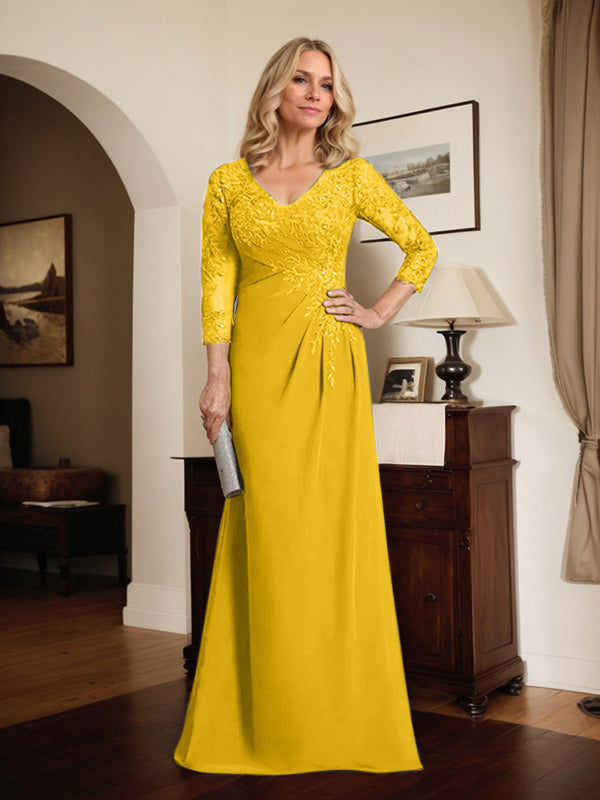 Vestido de madre de la novia de gasa con encaje, escote en V, ilusión, largo hasta el suelo, con lentejuelas plisadas