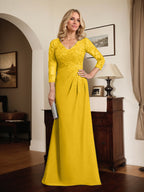 Vestido de madre de la novia de gasa con encaje, escote en V, ilusión, largo hasta el suelo, con lentejuelas plisadas