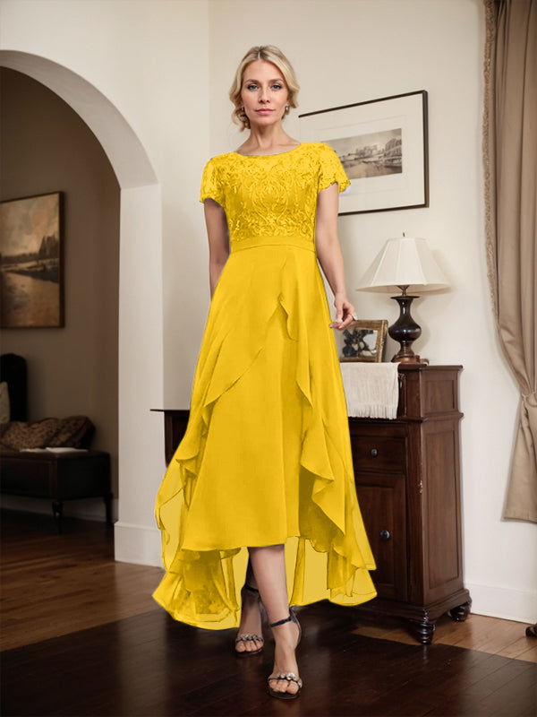 Vestido de madre de la novia de gasa asimétrica con escote en A, ilusión, encaje, lazo, volante y lentejuelas