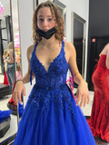 Blaues A-Linien-Ballkleid mit Tüllapplikationen Blaues Abendkleid Y6450