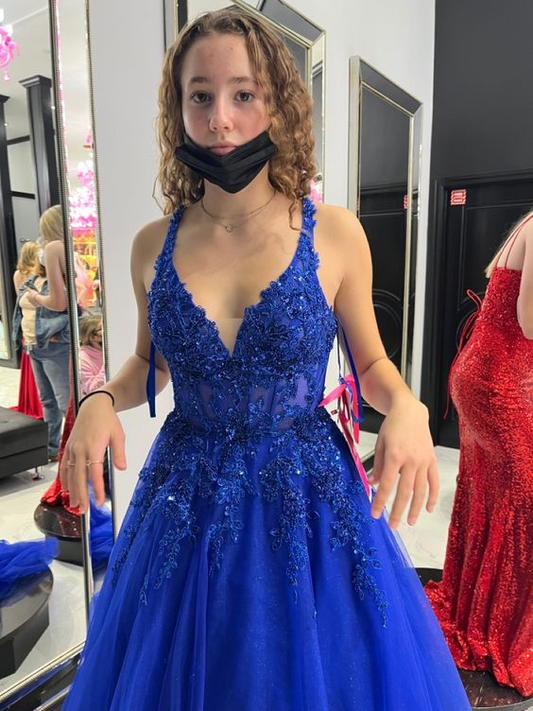 Blaues A-Linien-Ballkleid mit Tüllapplikationen Blaues Abendkleid Y6450