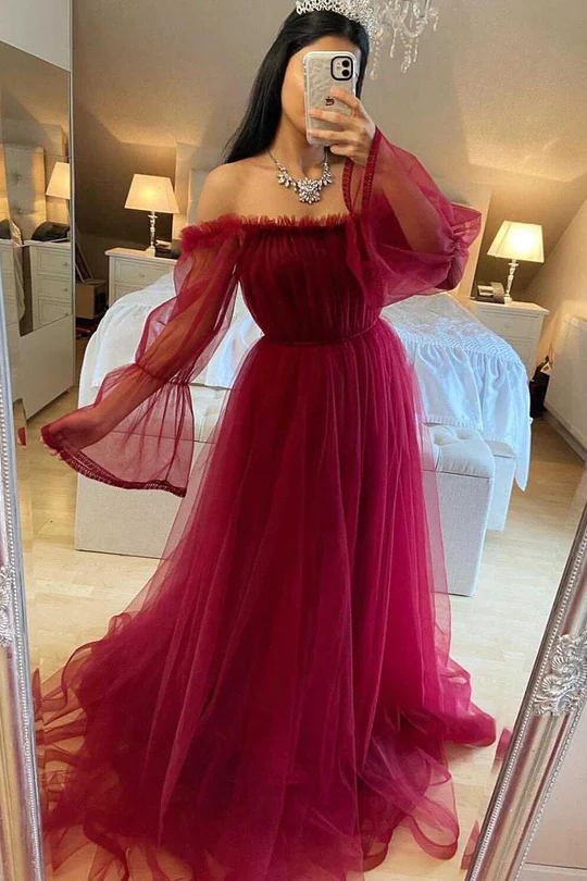 Vestido de noche de tul burdeos con mangas largas Y503