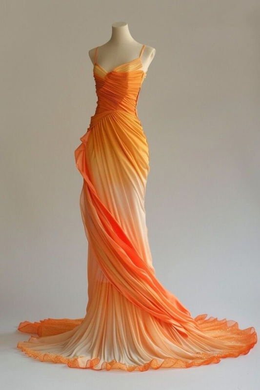 Vestido de noche largo de sirena de gasa naranja elegante Y8366