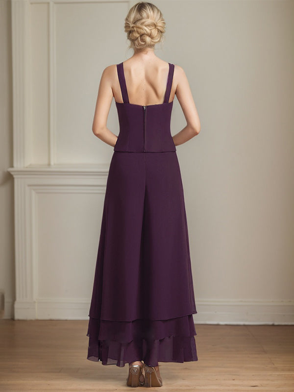 Vestido de madre de la novia de gasa con encaje y lentejuelas, largo hasta los tobillos, con mono/pantalón separado