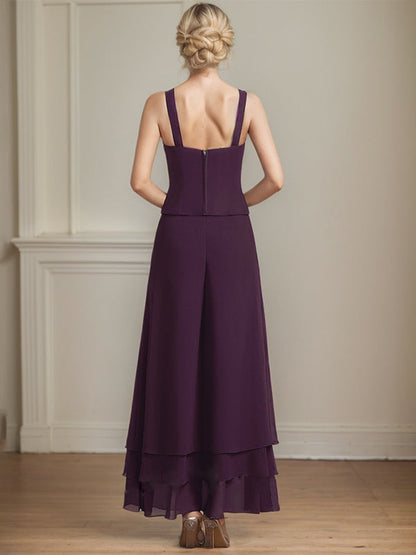 Separates Jumpsuit/Hosenanzug Quadratisches Knöchellanges Spitzenchiffonkleid für die Brautmutter mit Pailletten 