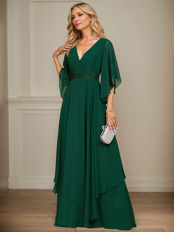 Vestido de gasa para madre de la novia, corte A, escote en V, largo hasta el suelo, con apliques de lentejuelas, encaje y abalorios