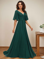 Vestido de gasa para madre de la novia, corte A, escote en V, largo hasta el suelo, con apliques de lentejuelas y encaje plisado