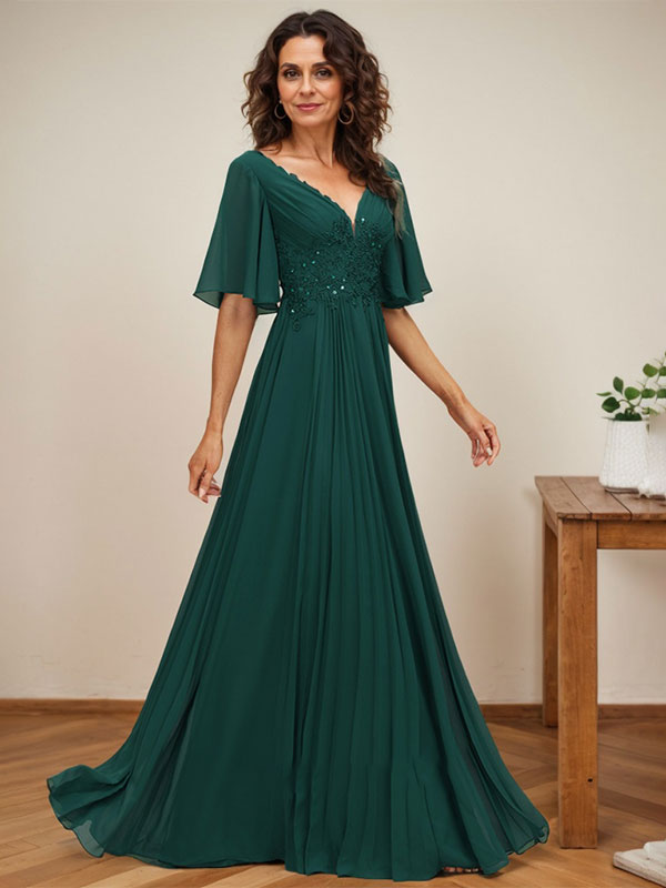 A-line V-Neck Floor-Length Chiffon Mother of the Bride Dress With Sequins Appliques Lace Pleated