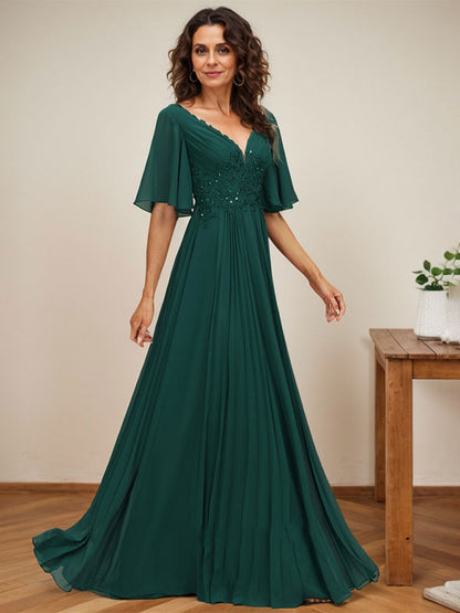 A-line V-Neck Floor-Length Chiffon Mother of the Bride Dress With Sequins Appliques Lace Pleated