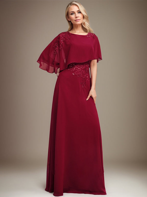 A-Linie U-Ausschnitt Bodenlang Chiffon Spitze Kleid für die Brautmutter mit Pailletten und Perlen 
