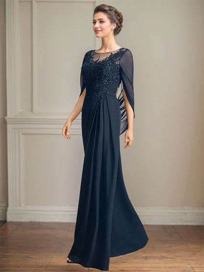 Vestidos de madre de la novia de corte A/princesa, largo hasta el suelo, con escote redondo, plisados ​​y lentejuelas