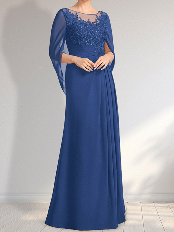 Vestido de gasa con encaje, ilusión, corte A, largo hasta el suelo, para madre de la novia con lentejuelas plisadas