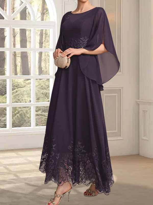 Vestido de gasa con encaje y lentejuelas para madre de la novia, corte A, escote ilusión, largo hasta los tobillos