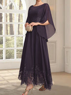 Vestido de gasa con encaje y lentejuelas para madre de la novia, corte A, escote ilusión, largo hasta los tobillos