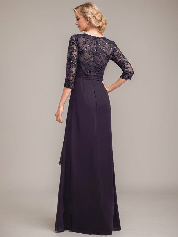 A-Linie V-Ausschnitt Bodenlanges Spitzen-Chiffon-Kleid für die Brautmutter mit kaskadierenden Rüschen und Pailletten 