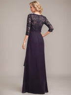 A-Linie V-Ausschnitt Bodenlanges Spitzen-Chiffon-Kleid für die Brautmutter mit kaskadierenden Rüschen und Pailletten 