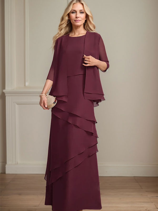 Vestido de gasa para madre de la novia con escote redondo y largo hasta el suelo