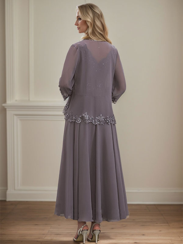 Vestido de gasa para madre de la novia, corte A, escote en V, largo hasta los tobillos, con apliques de lentejuelas, encaje y cuentas